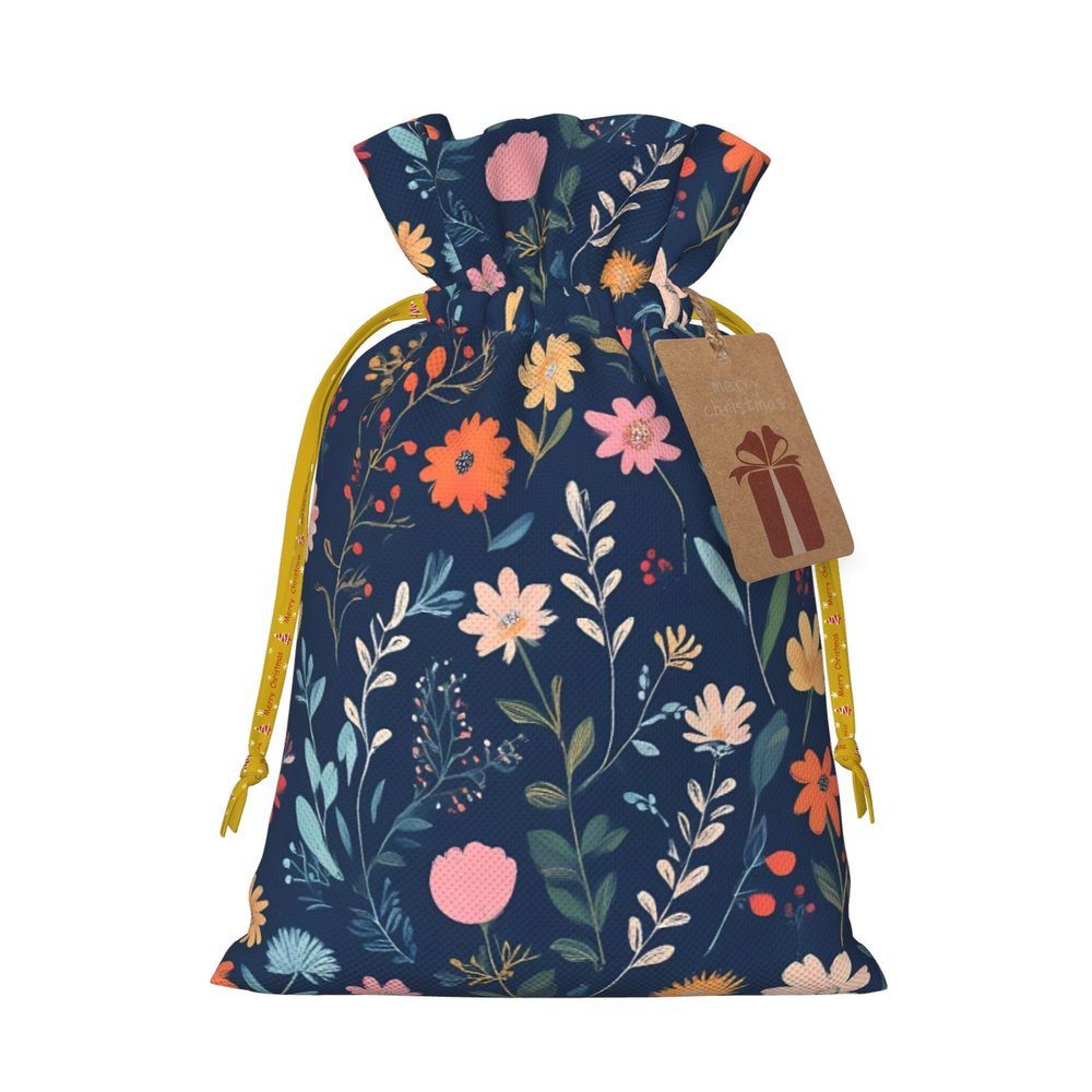 Qewfoju Colorful Flowers Pattern Holiday Gift Bags Christmas Burlap Gift Bags Drawstring for Wedding Party Favors Xmas Gifts Couple Shower Medium
