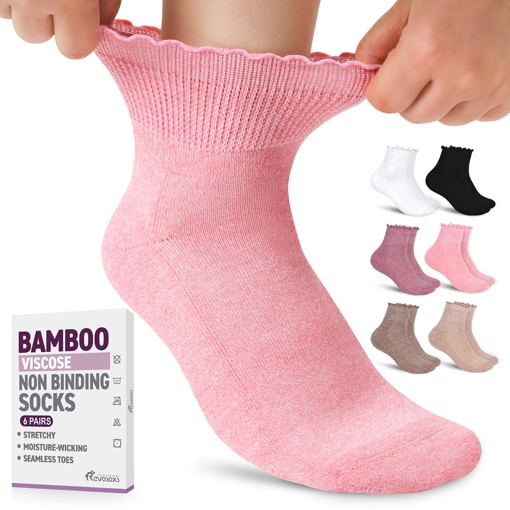 Revosoxs Womens Diabetic Socks - 6 Pairs Non Binding Stretchy Wide Seamless Diabetic Ankle Socks for Women Size 9-11((Pastel Colors-Large)