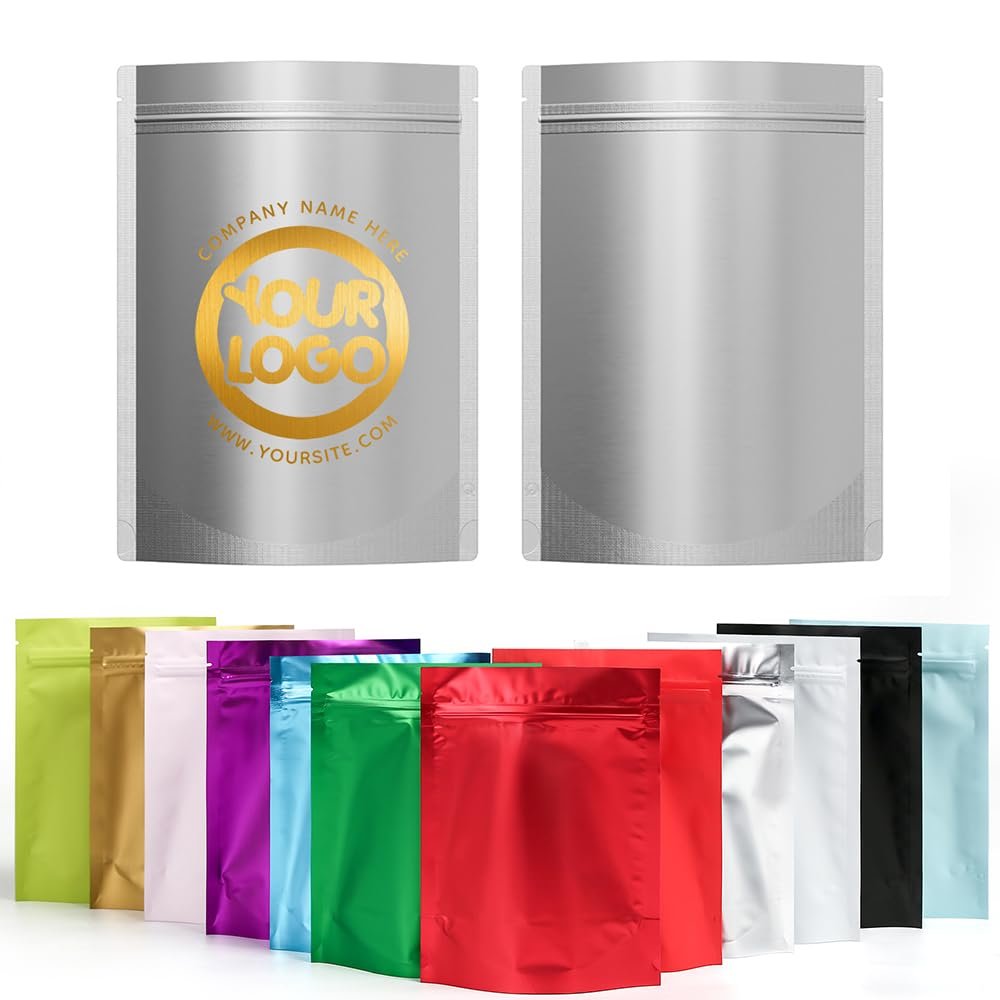 100PCS Custom Print Resealable Packaging Bag,Stand-up Foil Mylar Pouch with Tear Notch,Single-Color Print for Logo,QR Code & Design (Solid-Silver, 16 * 22 * 8CM/6.3"*8.7"*3.2"-100PCS-One Color Print)