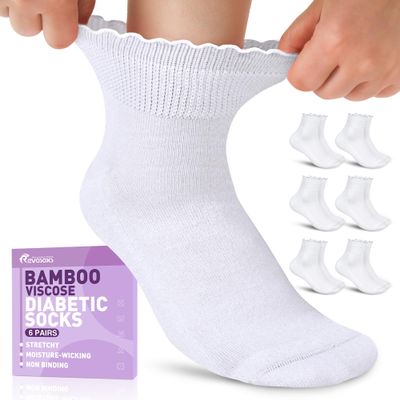 Revosoxs Womens Diabetic Socks - 6 Pairs Non Binding Stretchy Wide Bamboo Seamless Diabetic Ankle Socks for Women Size 9-11(White-Medium)