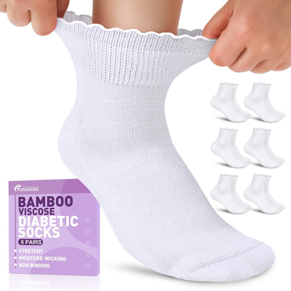 Revosoxs Womens Diabetic Socks - 6 Pairs Non Binding Stretchy Wide Bamboo Seamless Diabetic Ankle Socks for Women Size 9-11(White-Medium)