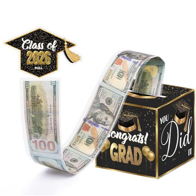 Fufflomi Class of 2026 Graduation Money Pull Box for Cash Gifts, Congrats Grad Money Box for Graduation Decorations, Black Gold