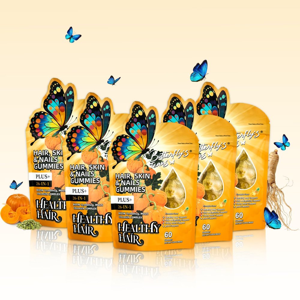 BUTTERFLY'S TEAR Hair, Skin & Nails Gummies | 26-in-1 Biotin 10000mcg & Collagen Complex | Pineapple Flavor, 300 Count