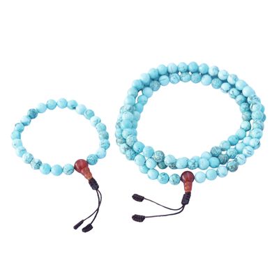 Artistry Nepal Turquoise Stone Mala and Bracelet Set, Meditation Jewelry, Prayer Beads, Spiritual Accessories, Natural Gemstone, Turquoise, Handmade in Nepal