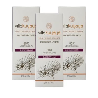 Villakuyaya Premium Dark Chocolate Blueberry & Aa 80%, Single Origin Ecuador, Gourmet Arriba Nacional Cacao With Herbal Tea Blend of Rooibos, Blueberries, and Acai. Gluten Free & Vegan (Pack of 3)