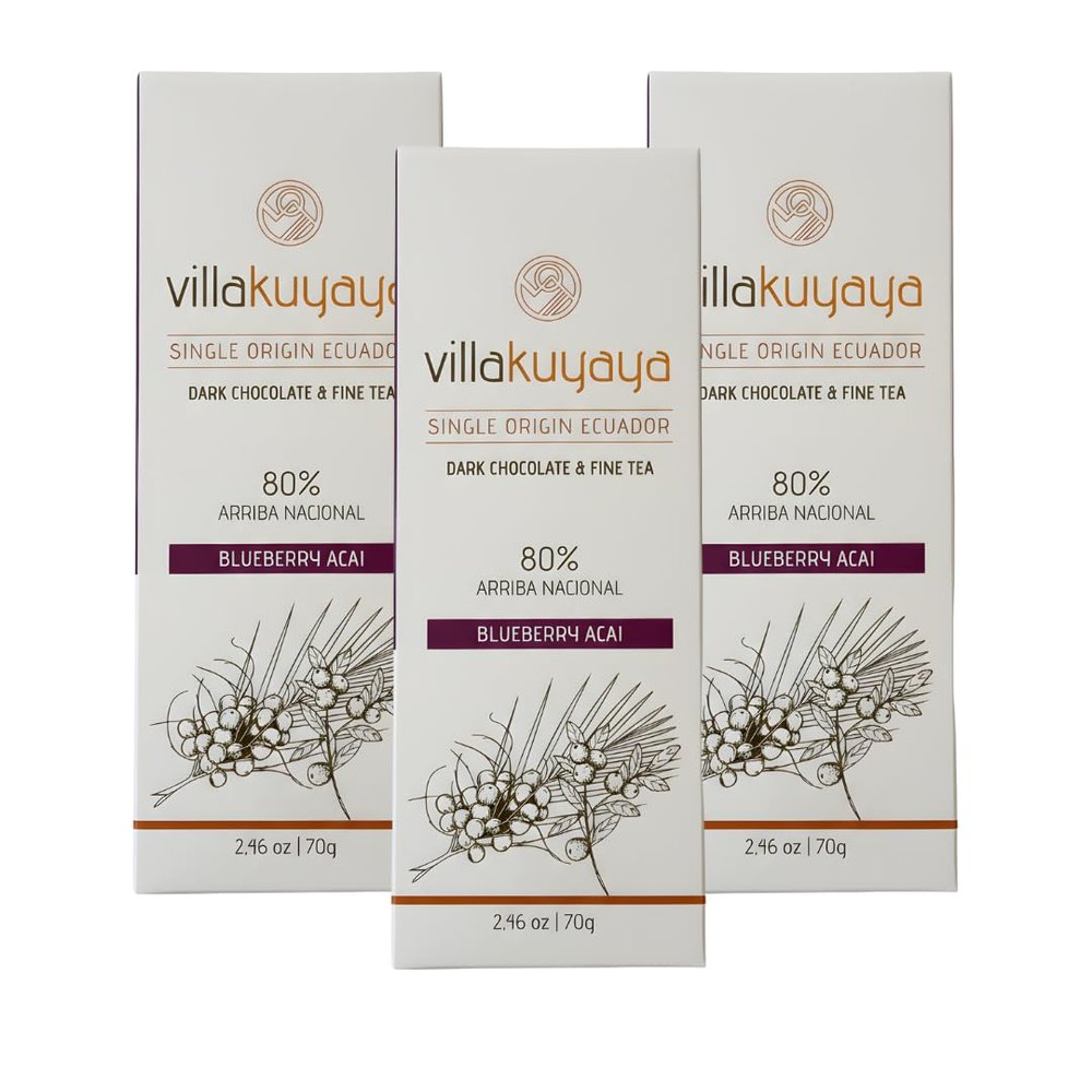 Villakuyaya Premium Dark Chocolate Blueberry & Aa 80%, Single Origin Ecuador, Gourmet Arriba Nacional Cacao With Herbal Tea Blend of Rooibos, Blueberries, and Acai. Gluten Free & Vegan (Pack of 3)