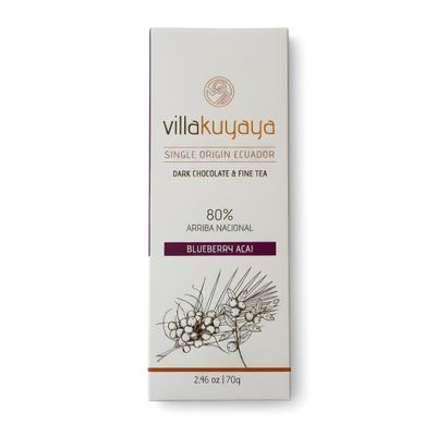 Villakuyaya Premium Dark Chocolate Blueberry & Aa 80%, Single Origin Ecuador, Gourmet Arriba Nacional Cacao With Herbal Tea Blend of Rooibos, Blueberries, and Acai. Gluten Free & Vegan (Pack of 1)