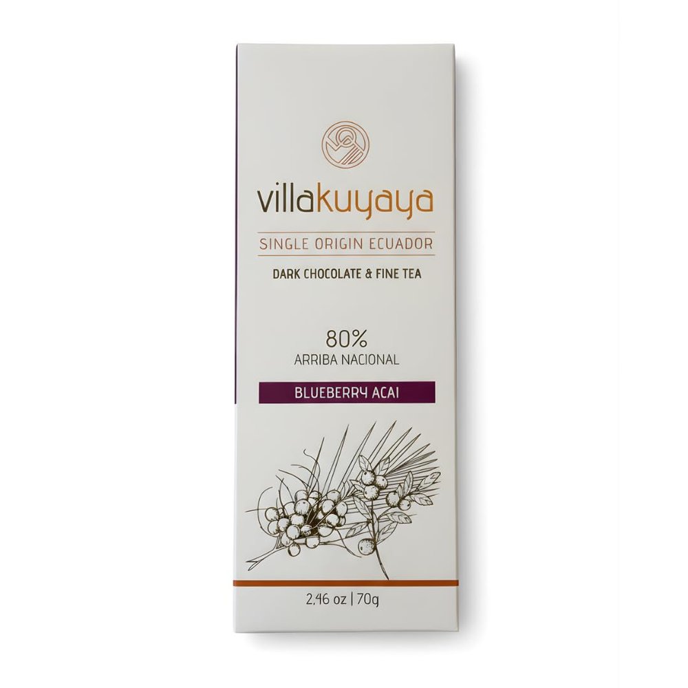 Villakuyaya Premium Dark Chocolate Blueberry & Aa 80%, Single Origin Ecuador, Gourmet Arriba Nacional Cacao With Herbal Tea Blend of Rooibos, Blueberries, and Acai. Gluten Free & Vegan (Pack of 1)