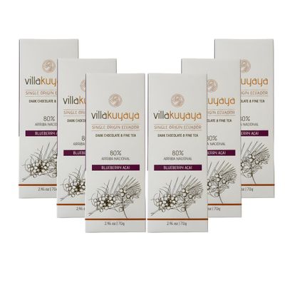 Villakuyaya Premium Dark Chocolate Blueberry & Aa 80%, Single Origin Ecuador, Gourmet Arriba Nacional Cacao With Herbal Tea Blend of Rooibos, Blueberries, and Acai. Gluten Free & Vegan (Pack of 6)
