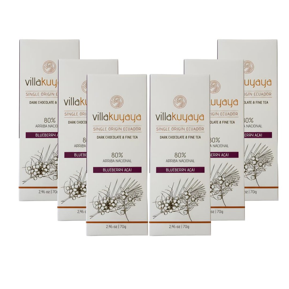 Villakuyaya Premium Dark Chocolate Blueberry & Aa 80%, Single Origin Ecuador, Gourmet Arriba Nacional Cacao With Herbal Tea Blend of Rooibos, Blueberries, and Acai. Gluten Free & Vegan (Pack of 6)