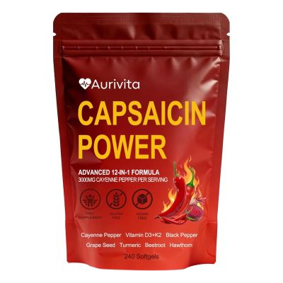 bvzvo Aurivita Capsaicin Power - Cayenne Pepper Softgels with Vitamin D3+K2, Beetroot & Grape Seed Extract, Supports Digestive Health, 240 Softgels