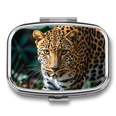 Square Leopard Print African Jungle Animals Pill Box Small Pill Case with 2 Compartment Portable Metal Medicine Organizer Mini Travel Medicine Vitamin Supplement Container for Pocket Purse