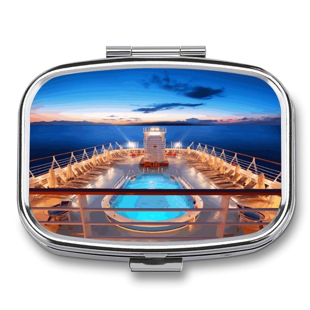 Pool Party Cruise Ship Pill Organizer Small Pill Box with Two Compartments Pill Case Metal Medicine Organizer Portable Medicine Box Holder Medication Holder Travel Pill Container