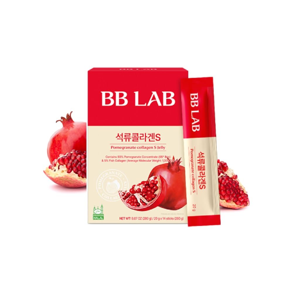 BB LAB Pomegranate Collagen S Jelly Halal, Pomegranate Collagen Sticks - Vitamin A & E for Skin Glow, Hair & Nails Korean Beauty Jelly - 20g of 14 Sticks