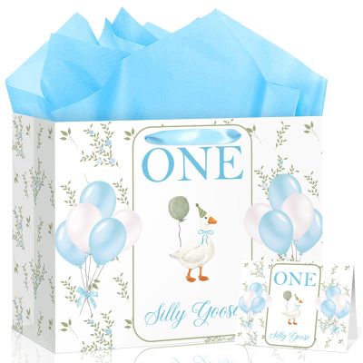 Silly Goose 1st Birthday Gift Bag for Baby Boy with Wrapping Tissue Paper and Greeting Card Large Blue One Silly Goose First Gift Bag Set for Boy One Year Old Party Decorations Favors Supplies