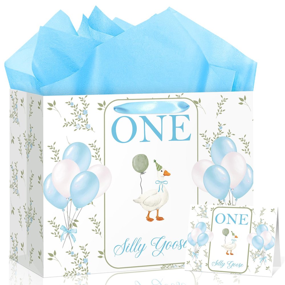 Silly Goose 1st Birthday Gift Bag for Baby Boy with Wrapping Tissue Paper and Greeting Card Large Blue One Silly Goose First Gift Bag Set for Boy One Year Old Party Decorations Favors Supplies