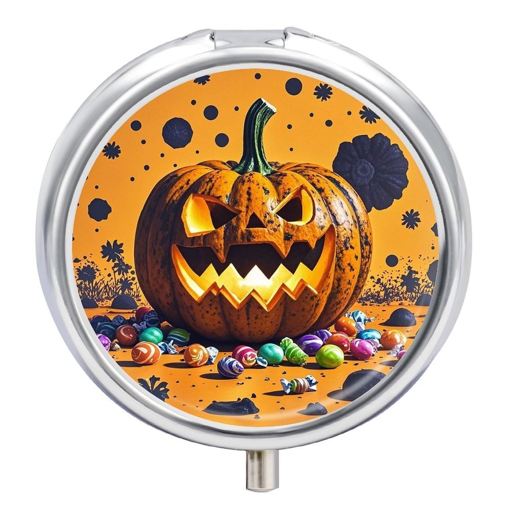 Halloween Pumpkin Monster Pill Case 3 Compartments Portable Pill Box for Purse Pocket Waterproof Travel Pill Organizer Vitamin Organizer Round Small Pill Box Daily Pill Container