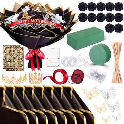 Maysing Money Bouquet Kit 12 Pcs Glitter Roses 20 Sheet Flower Wrapping Paper DIY Flower Bouquet Floral Foam Blocks Sticker for Anniversary Birthday Mother's Day Graduation (Black)