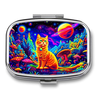 HTSAHKV Vibrant Cosmic Cat Fantasy Landscape Pill Box, 2 Compartment Portable Pill Organizer with Mirror, Small Daily Medicine Case for Travel, Pocket Or Purse