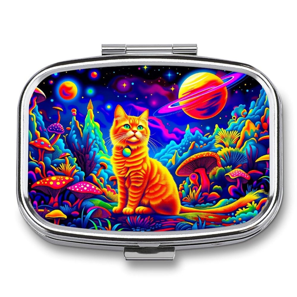 HTSAHKV Vibrant Cosmic Cat Fantasy Landscape Pill Box, 2 Compartment Portable Pill Organizer with Mirror, Small Daily Medicine Case for Travel, Pocket Or Purse
