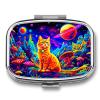 HTSAHKV Vibrant Cosmic Cat Fantasy Landscape Pill Box, 2 Compartment Portable Pill Organizer with Mirror, Small Daily Medicine Case for Travel, Pocket Or Purse view 1