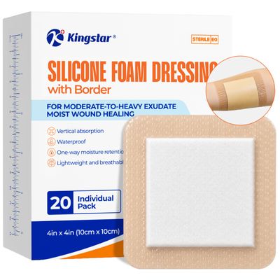 20 Pack Silicone Foam Dressing 4x4 Inch with Gentle Border, Large Waterproof Adhesive Foam Bandages for Wound Care, High Absorbency Bed Sore Patches, Pressure Sore Pads