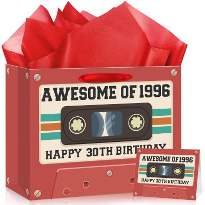 30th Birthday Gift Bag for Men Women Retro Tape 1996 Birthday Party Favor Bags with Tissue Paper and Greeting Card Vintage Cassette 30 Years Old Gift Wrapping Bag Decorations for Mom Dad Friends Gifts
