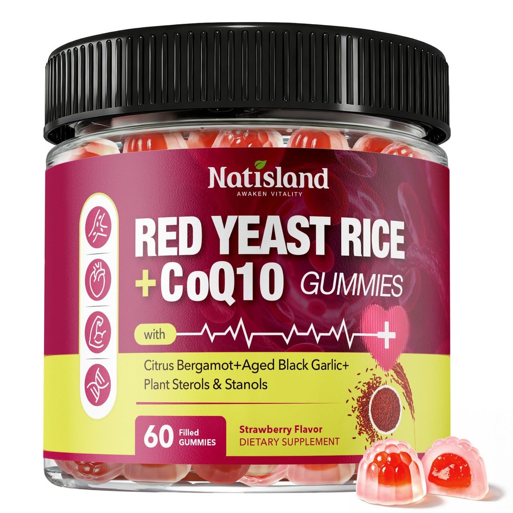 NATISLAND Red Yeast Rice with CoQ10 Gummies, Red Yeast Rice Supplement with Citrus Bergamot & Plant Sterols, Sugar Free, Vegan, Strawberry Flavor, 60 Count