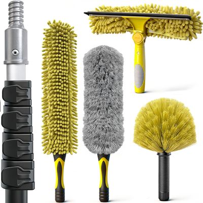 ARTIPOLY 20Ft Telescoping Extension Pole Kit, 5-in-1 High Reach Duster with Chenille Window Squeegee Microfiber Feather & Cobweb Duster for Ceiling Wall Hard-to-Reach Indoor & Outdoor Cleaning Yellow