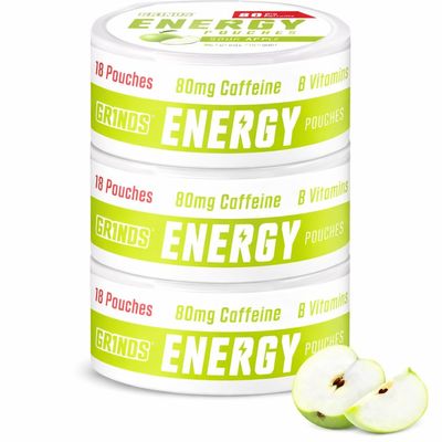 Grinds Energy Pouches | Sour Apple Flavor | 3 Cans | 80mg Natural Caffeine Per Pouch | Sugar-Free & Zero Calories | 18 Pouches Per Can