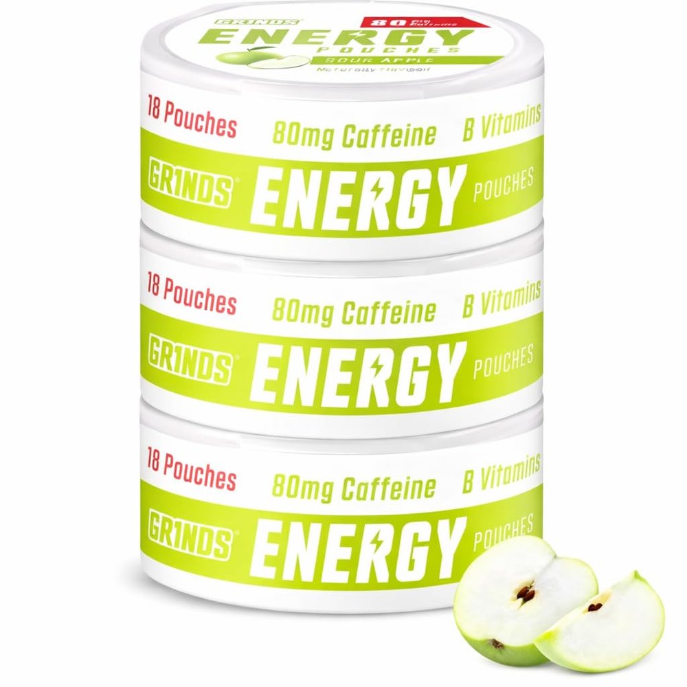 Grinds Energy Pouches | Sour Apple Flavor | 3 Cans | 80mg Natural Caffeine Per Pouch | Sugar-Free & Zero Calories | 18 Pouches Per Can