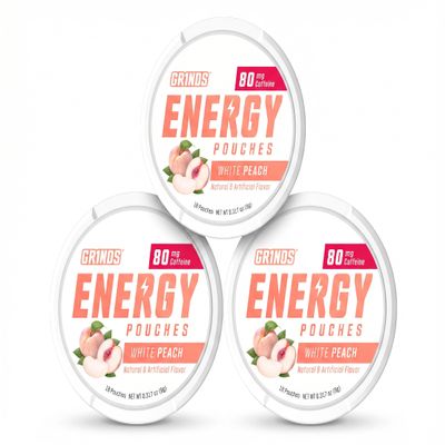 Grinds Energy Pouches | White Peach Flavor | 3 Cans | 80mg Natural Caffeine Per Pouch | Sugar-Free & Zero Calories | With B-Vitamins | 18 Pouches Per Can