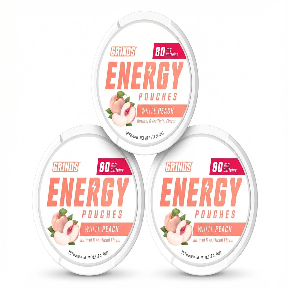 Grinds Energy Pouches | White Peach Flavor | 3 Cans | 80mg Natural Caffeine Per Pouch | Sugar-Free & Zero Calories | With B-Vitamins | 18 Pouches Per Can