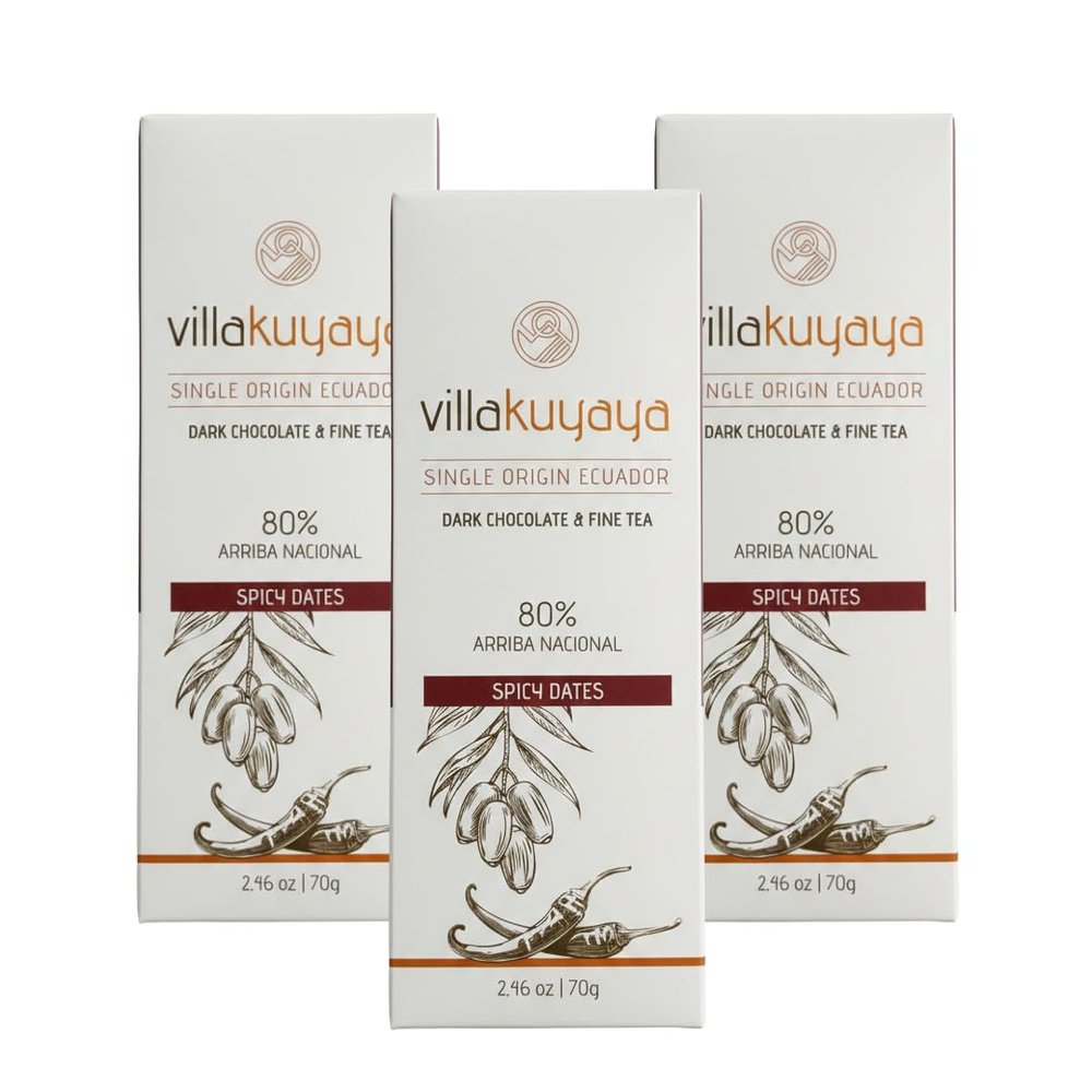 Villakuyaya Premiun Dark Chocolate Spicy Dates 80%,Single Origin Ecuador, Gourmet Arriba Nacional Cacao with Spicy Dried tajin Medjool Dates, Small Batch, Artisan Chocolate, Vegan & Gluten Free. (Pack of 3)