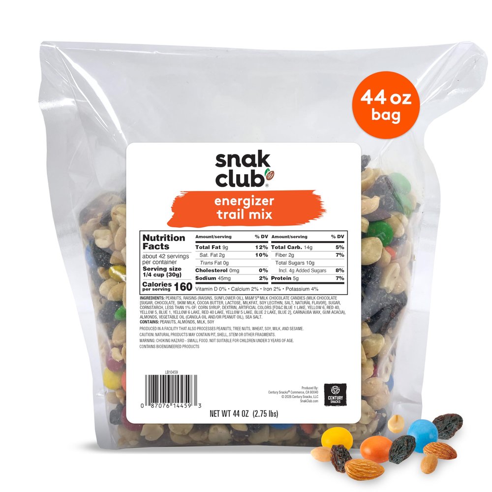 Snak Club Energizer Trail Mix with Roasted Salted Peanuts, Raisins, M&MS Chocolate Candies, Roasted Almonds, Protein Snacks, Gluten-Free and Kosher Snack, 44 oz Bulk Bag