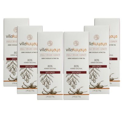 Villakuyaya Premiun Dark Chocolate Spicy Dates 80%,Single Origin Ecuador, Gourmet Arriba Nacional Cacao with Spicy Dried tajin Medjool Dates, Small Batch, Artisan Chocolate, Vegan & Gluten Free. (Pack of 6)