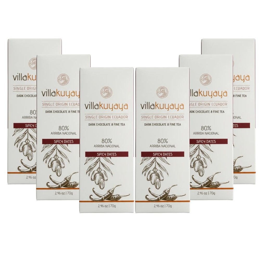 Villakuyaya Premiun Dark Chocolate Spicy Dates 80%,Single Origin Ecuador, Gourmet Arriba Nacional Cacao with Spicy Dried tajin Medjool Dates, Small Batch, Artisan Chocolate, Vegan & Gluten Free. (Pack of 6)