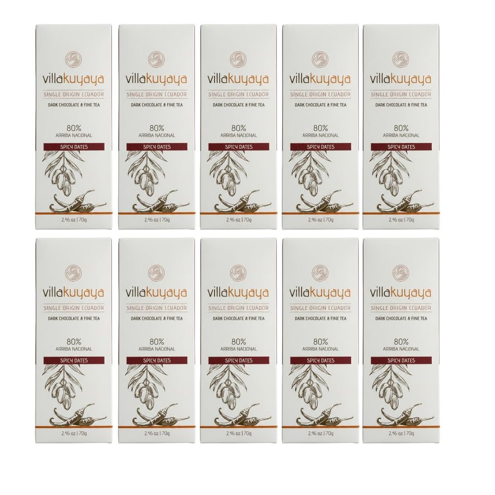 Villakuyaya Premiun Dark Chocolate Spicy Dates 80%,Single Origin Ecuador, Gourmet Arriba Nacional Cacao with Spicy Dried tajin Medjool Dates, Small Batch, Artisan Chocolate, Vegan & Gluten Free. (Pack of 10)