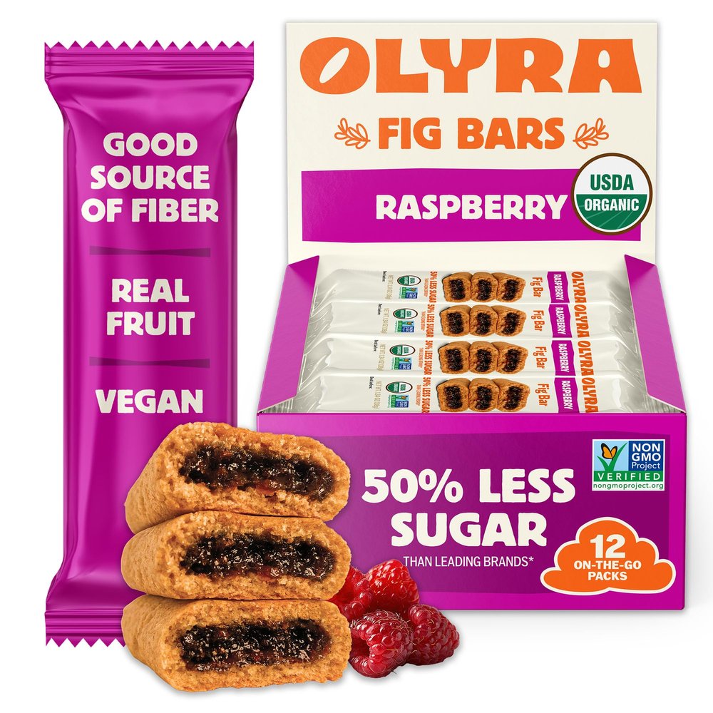 Olyra Raspberry Fig Bars, Organic Snacks, Healthy Snacks for Adults and Kids, Low Sugar, Vegan, Office Breakfast Bars, USDA Certified Organic, Non GMO (Pack of 12)