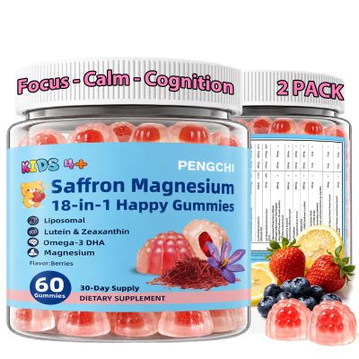 2 Pack, Saffron Gummies for Kids with Magnesium Glycinate Omega-3 L-Theanine Holy Basil Rosemary Vitamin B6 D3 for Happy Moods, Calm Focus, Cognition, Natural SIeep, Non-GMO, Sugar Free