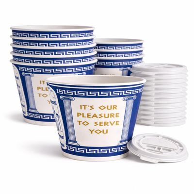 10 oz Disposable Coffee Cups with Tear-Back Sip Lids 50 Cups + 50 Lids (100 Piece Set) Classic New York Diner Style Greek Design Paper Coffee Cups, To Go Hot Cups Secure Lid Fit, Leak Resistant