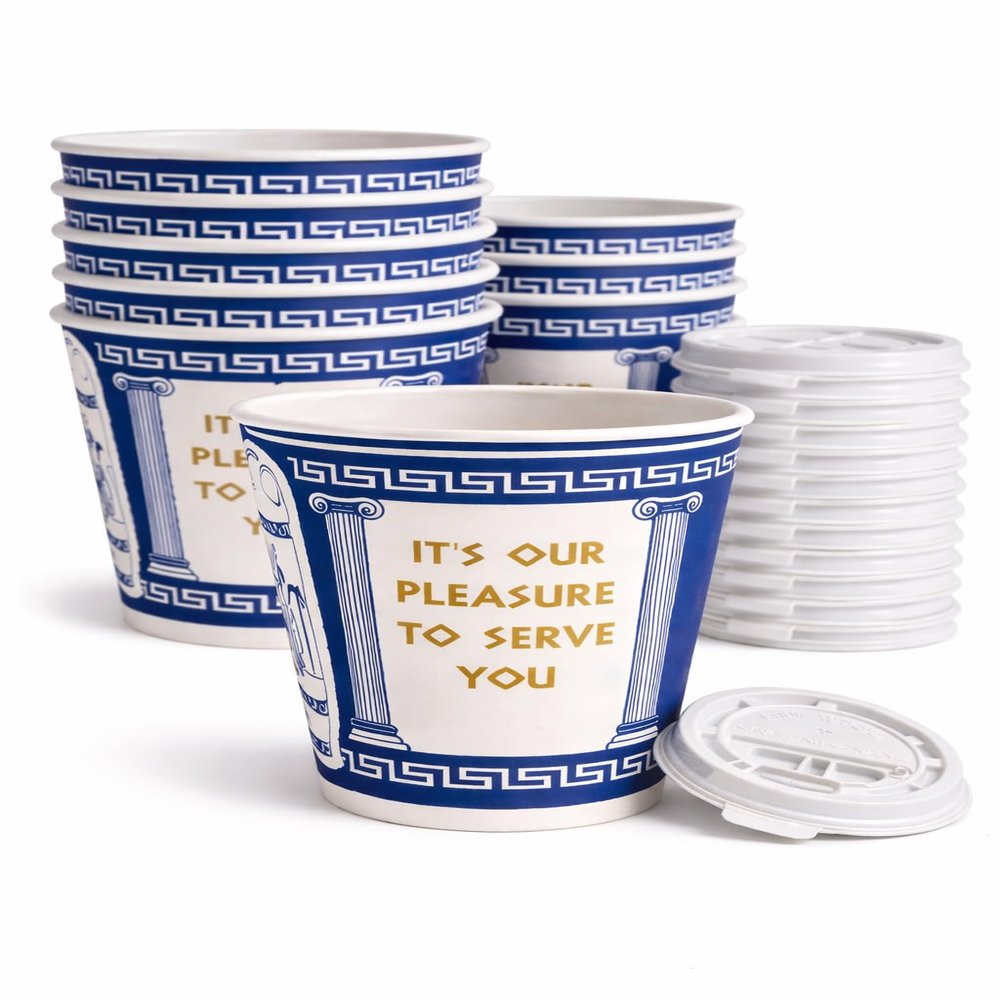 10 oz Disposable Coffee Cups with Tear-Back Sip Lids 50 Cups + 50 Lids (100 Piece Set) Classic New York Diner Style Greek Design Paper Coffee Cups, To Go Hot Cups Secure Lid Fit, Leak Resistant