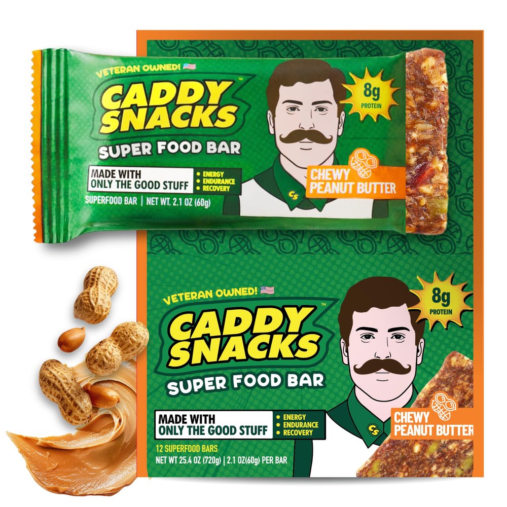 Caddy Snacks Chewy Peanut Butter Healthy Snack Bars | Meal Replacement | Vegan | Gluten Free | On-the-Go Golf Snack | 2.1 oz Bars, 12 Count (Peanut Butter)