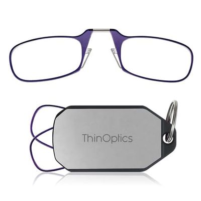 Always With You by ThinOptics Keychain Reading Glasses - Slim, Folding Armless Pocket Readers with Protective Keychain Case - Lightweight, Durable & Convenient - Silver, Purple 2.0x
