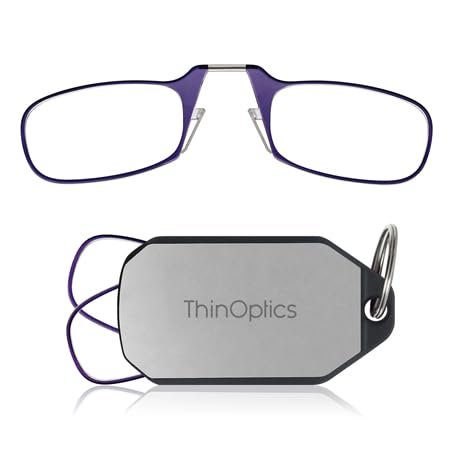 Always With You by ThinOptics Keychain Reading Glasses - Slim, Folding Armless Pocket Readers with Protective Keychain Case - Lightweight, Durable & Convenient - Silver, Purple 2.0x