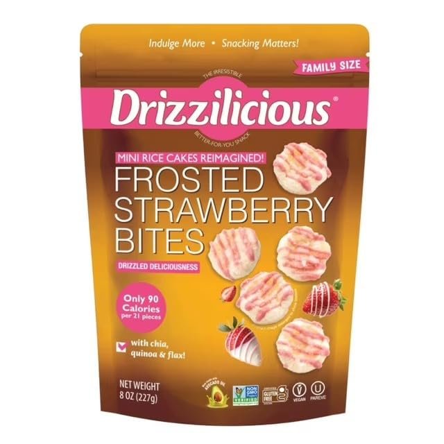 Drizzilicious Frosted Strawberry Bites, Mini Rice Cakes, with Chia Quinoa & Flax, 90 Calories, Family Size, 8 oz 1 Bag
