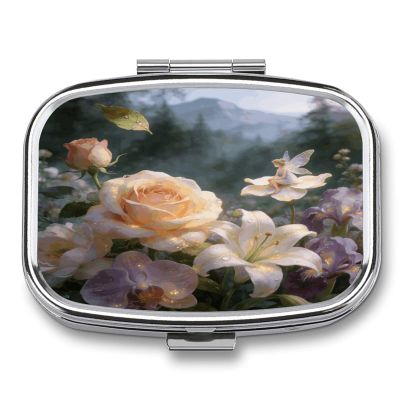 Floral Fantasy Pill Case Portable Medicine Organizer Travel Daily Pill Box Small Metal Medicine Box for Purse Pocket Pill Container Holder Two Compartments Medication Holder