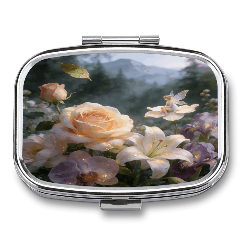 Floral Fantasy Pill Case Portable Medicine Organizer Travel Daily Pill Box Small Metal Medicine Box for Purse Pocket Pill Container Holder Two Compartments Medication Holder