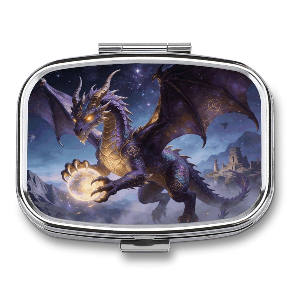 Fantasy Dragon Pill Case Portable Medicine Organizer Travel Daily Pill Box Small Metal Medicine Box for Purse Pocket Pill Container Holder Two Compartments Medication Holder