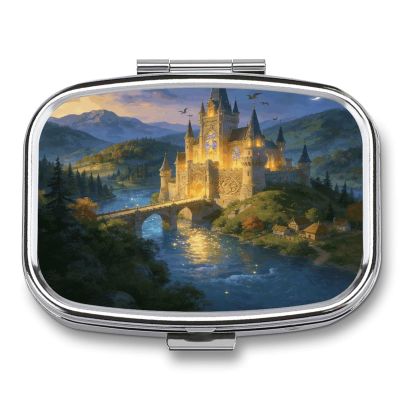 Fantasy Castle Pill Case Portable Medicine Organizer Travel Daily Pill Box Small Metal Medicine Box for Purse Pocket Pill Container Holder Two Compartments Medication Holder